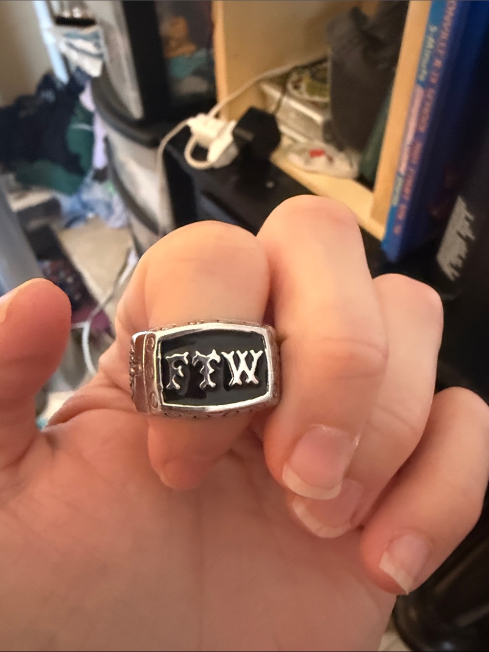 Men's Silver-Tone Ring with Black Enamel 'FTW' Accent